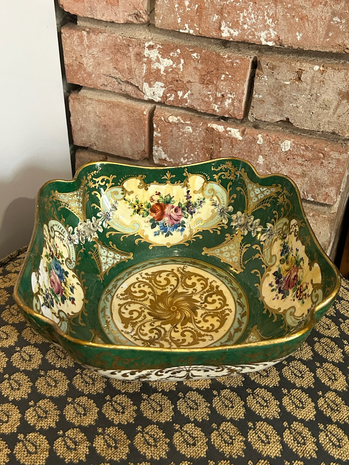 Le Tallec Paris Hand Painted Porcelain Square Dish Green Gilt Floral Border3