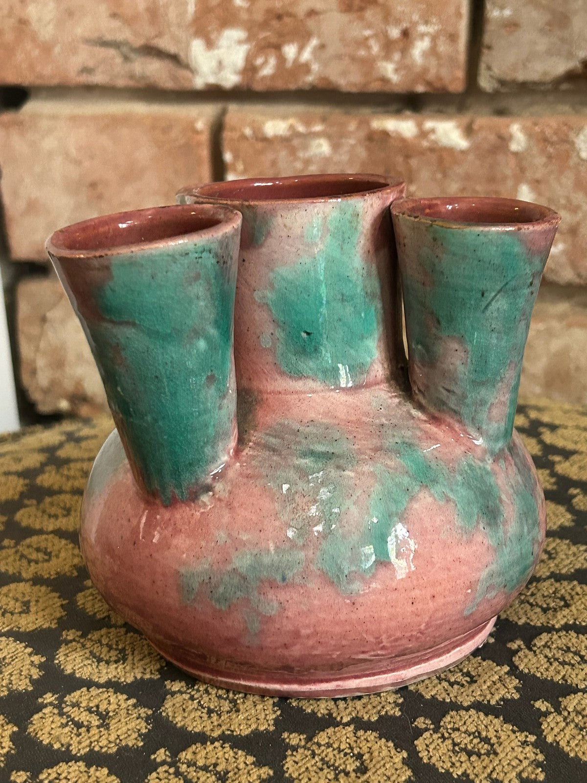Vintage Studio Pottery Five Neck Vase Pink Green Drip Glaze Tulip Vase Retro6