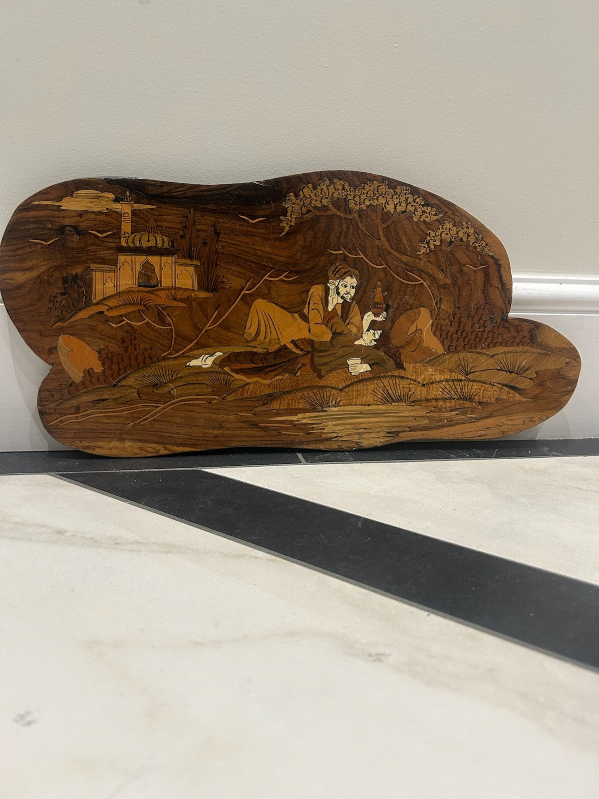 Antique Indo Persian Sorrento Marquetry Wall Plaque Reclining Sage Sufi0