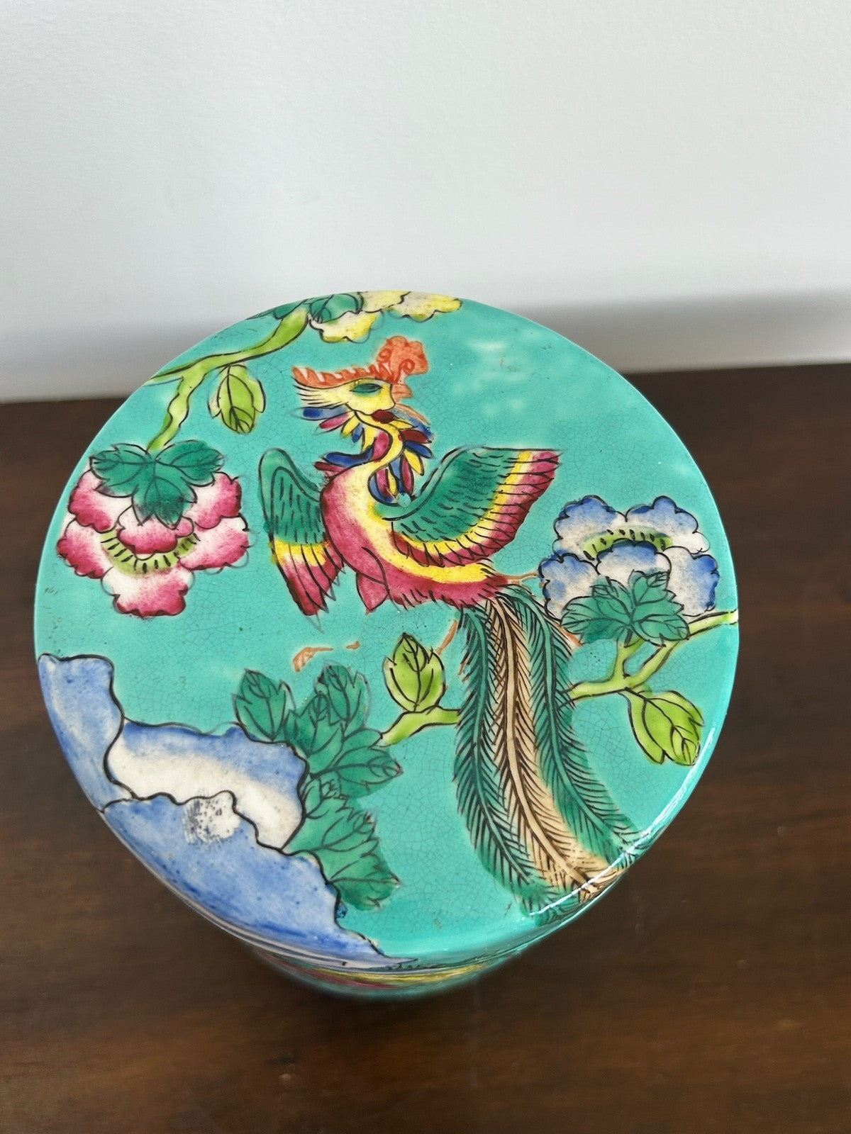 Chinese Famille Rose Green Ground Lidded Caddy Birds & Flowers 15cm1