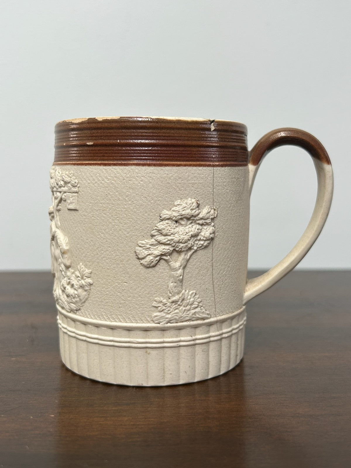 Antique Turner Stoneware Mug Hunting Relief Brown Rim Georgian c1810 Drab2