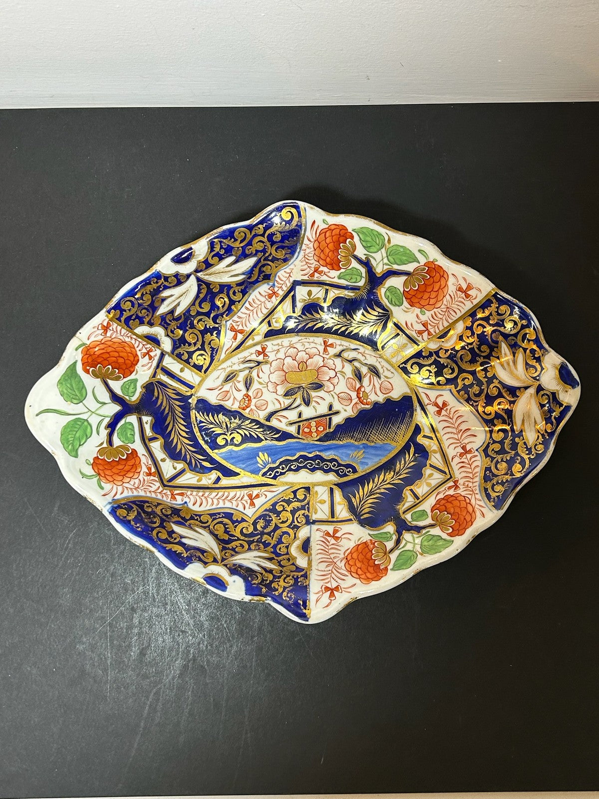 Antique Derby Porcelain Imari Lozenge Dish Pagoda Chinoiserie Red Mark 31cm0