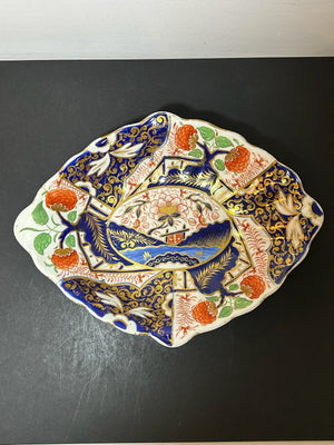 Antique Derby Porcelain Imari Lozenge Dish Pagoda Chinoiserie Red Mark 31cm