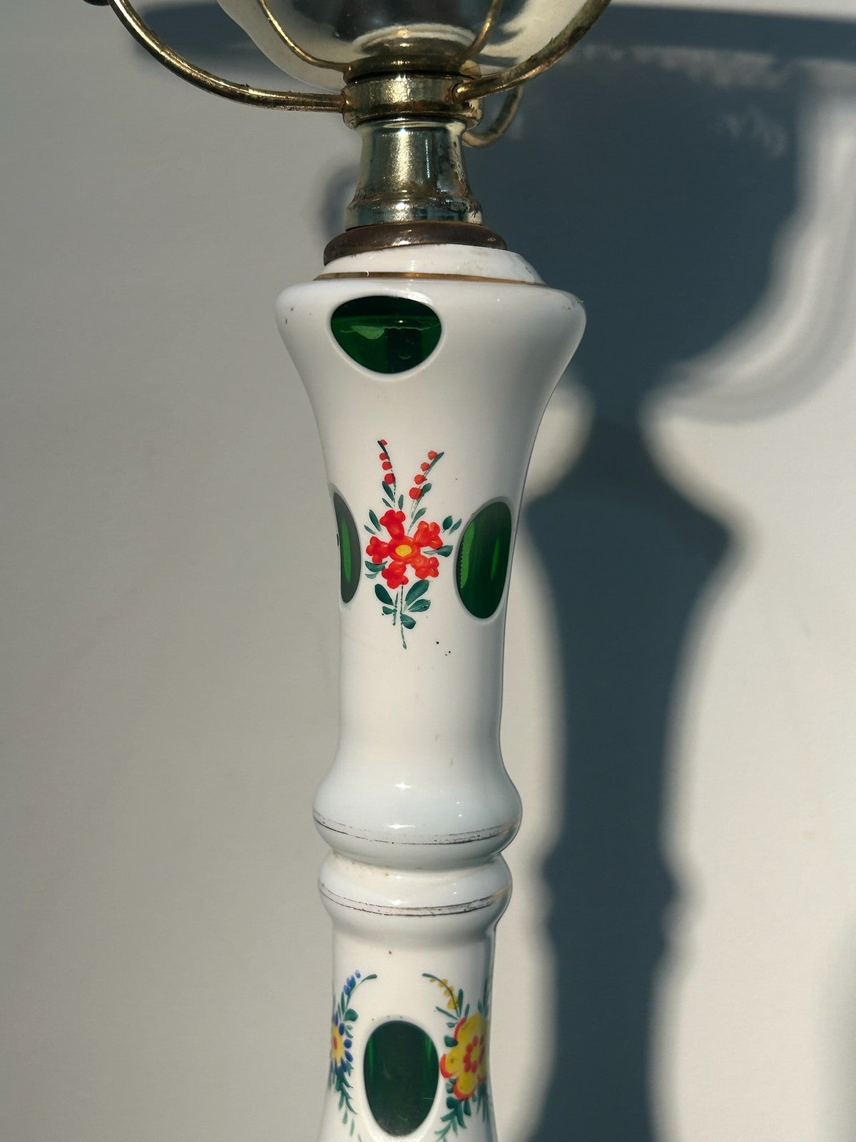 Antique Bohemian Overlay Glass Oil Lamp White Cut Green Hand Enamelled Brass3