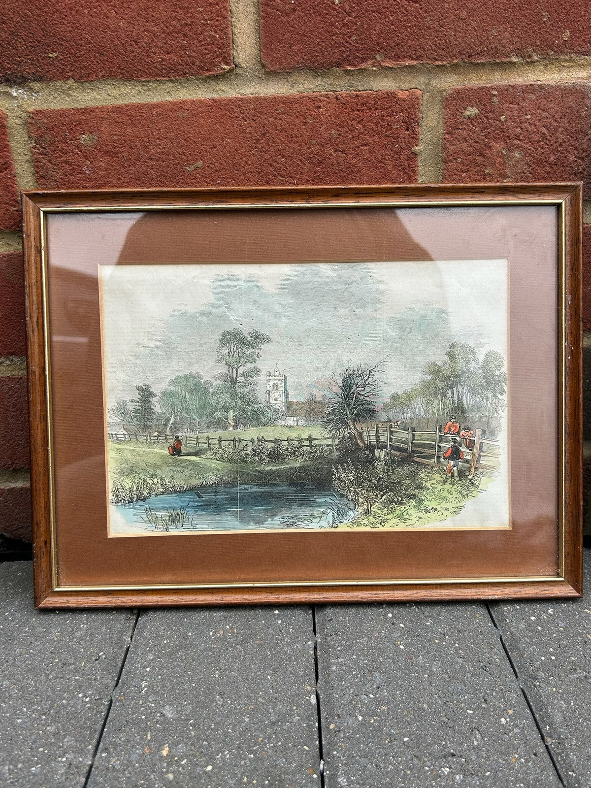 Framed Hand Coloured Engraving Country Church c.1846 Antique Print0