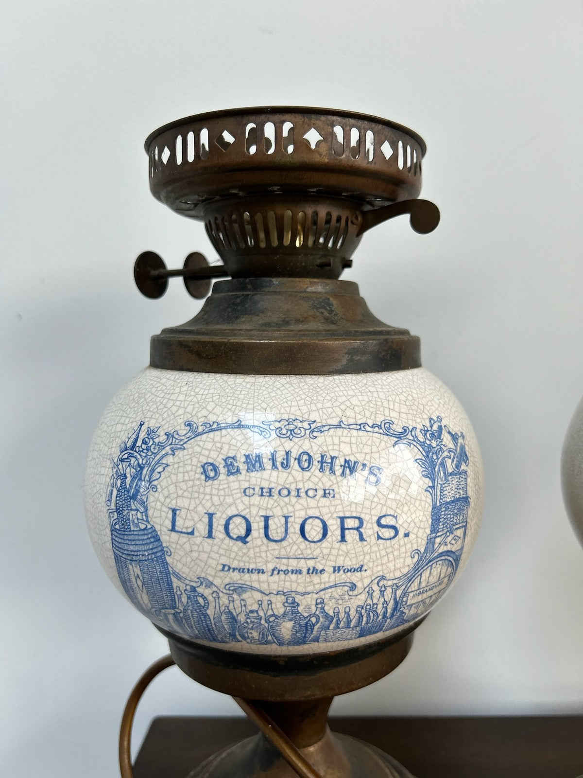Pair Victorian Style Advertising Oil Lamps Grocer & Liquor A/F9