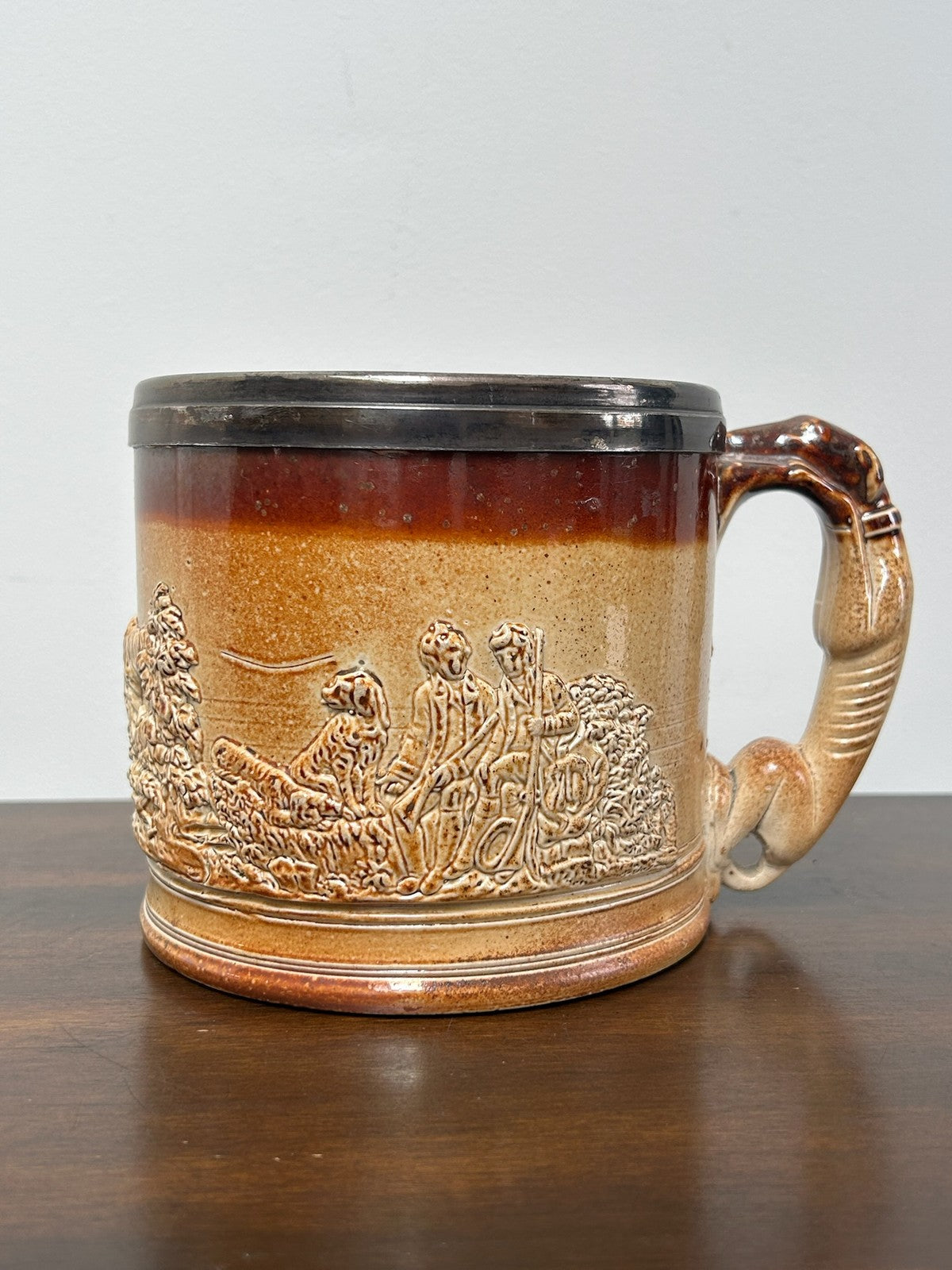 Antique Salt Glaze Stoneware Tankard Hunting Scene 19thC Brown Relief2
