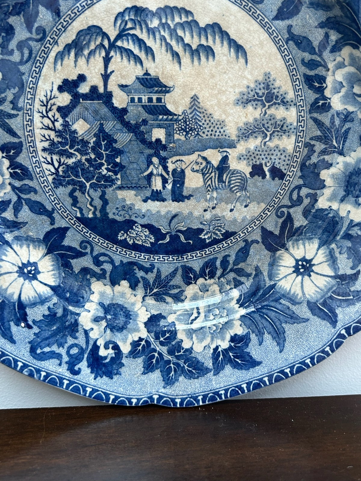 Antique Staffordshire Blue White Transferware Plate c1825 Floral Border Scene3