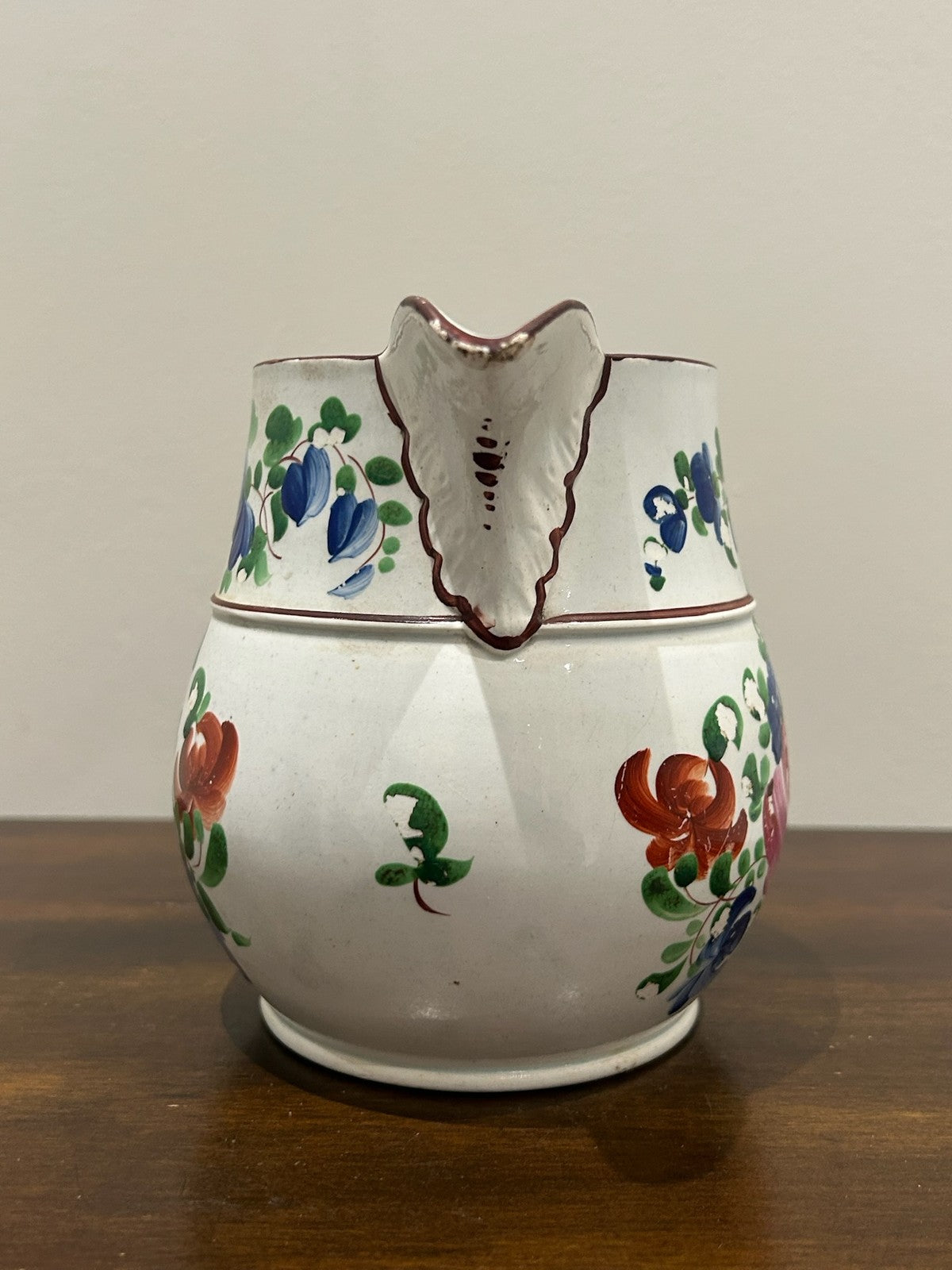 Georgian Pearlware Jug Hand Painted Enamel Pink Roses Blue Band c.18201