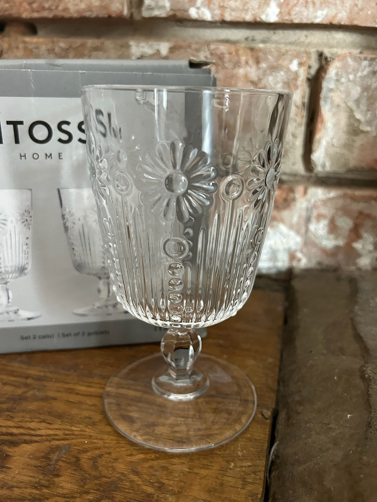 Bitossi Home Pair Embossed Glass Goblets Wine Water Glasses Boxed Made in Italy4