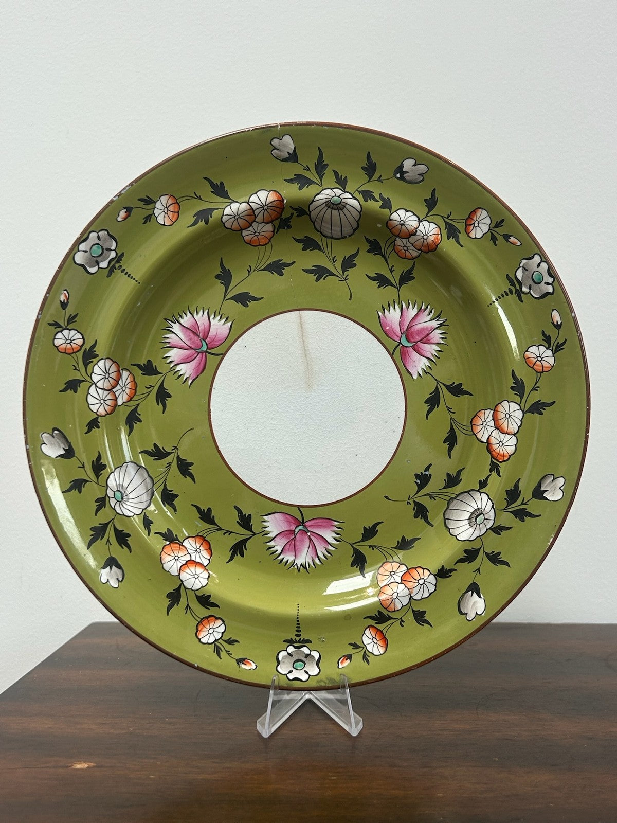 Antique Spode Green Ground Plate Hand Painted Pink White Flowers c1800 Impressed0