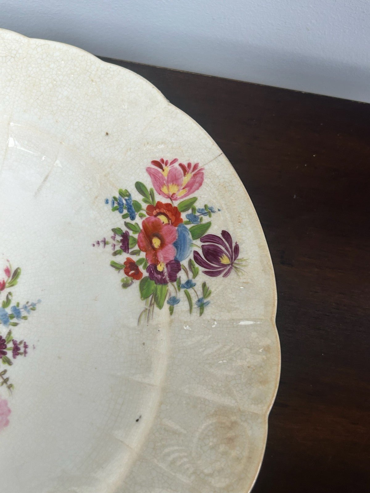 Antique Hand Painted Moulded Rim Dessert Plate Floral Bouquets Tulip5