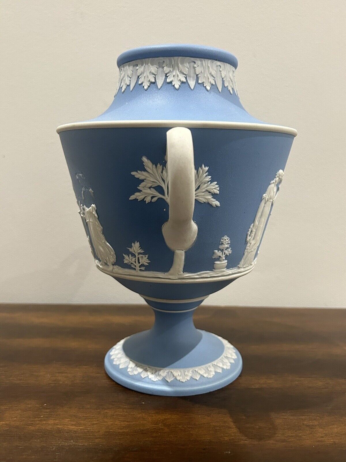 Unusual Wedgwood England Jasperware Twin Handle Urn Vase Blue