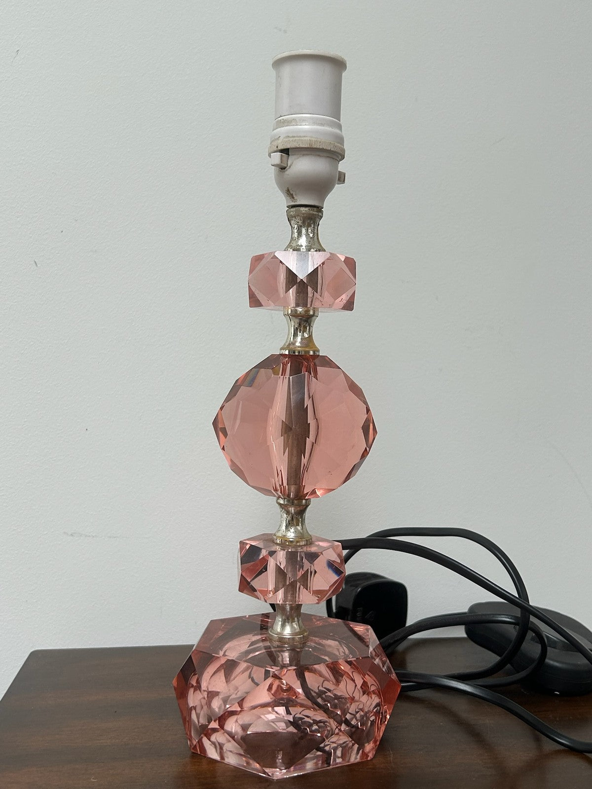 Pair Pink Cut Glass Table Lamps Faceted Rose Bases Rewired 34cm1