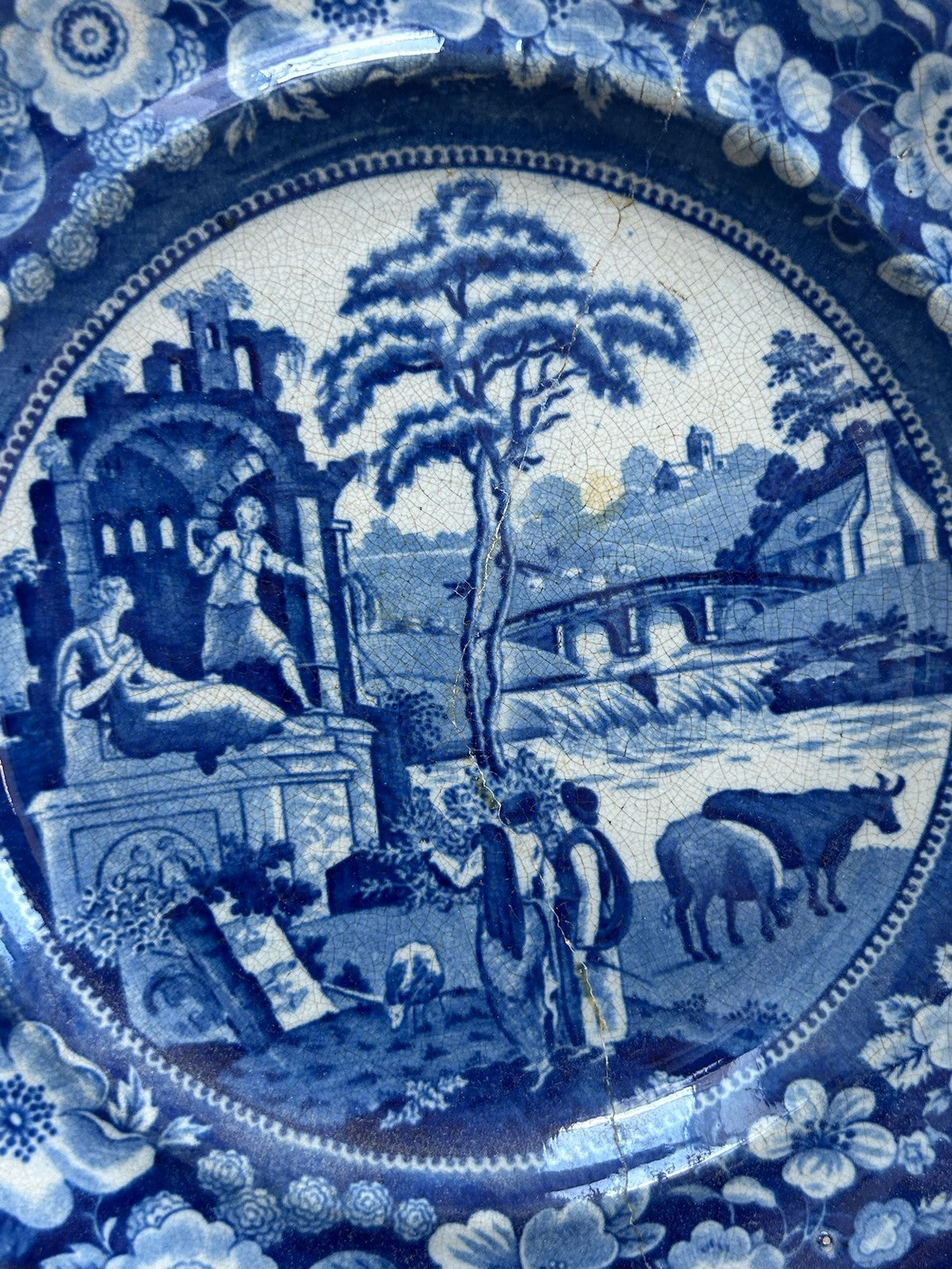 Antique Staffordshire Blue White Plate c1820 Landscape Floral Border Transfer1