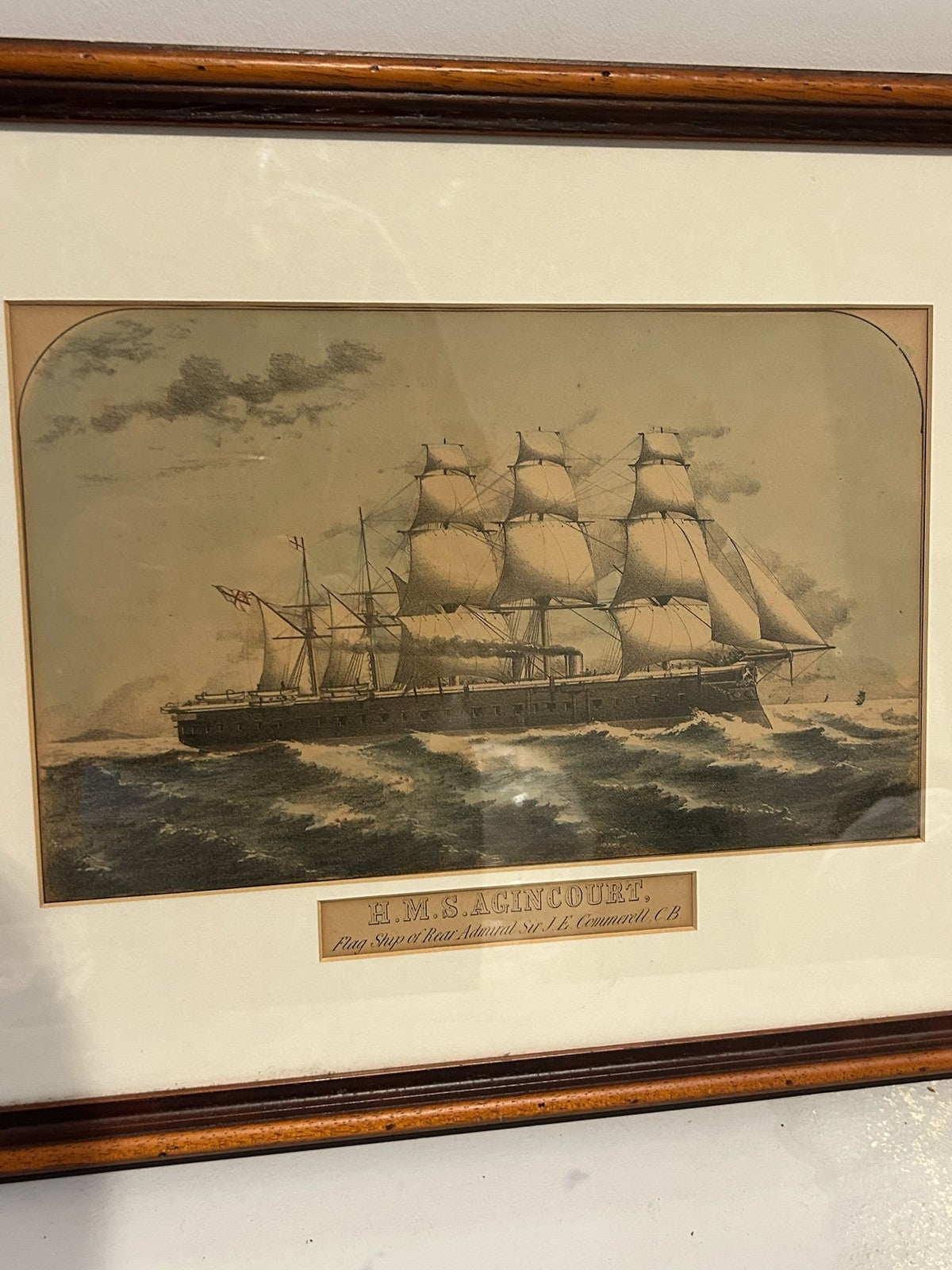 Antique Print HMS Agincourt Flagship Rear Admiral Commerell Ironclad Framed1