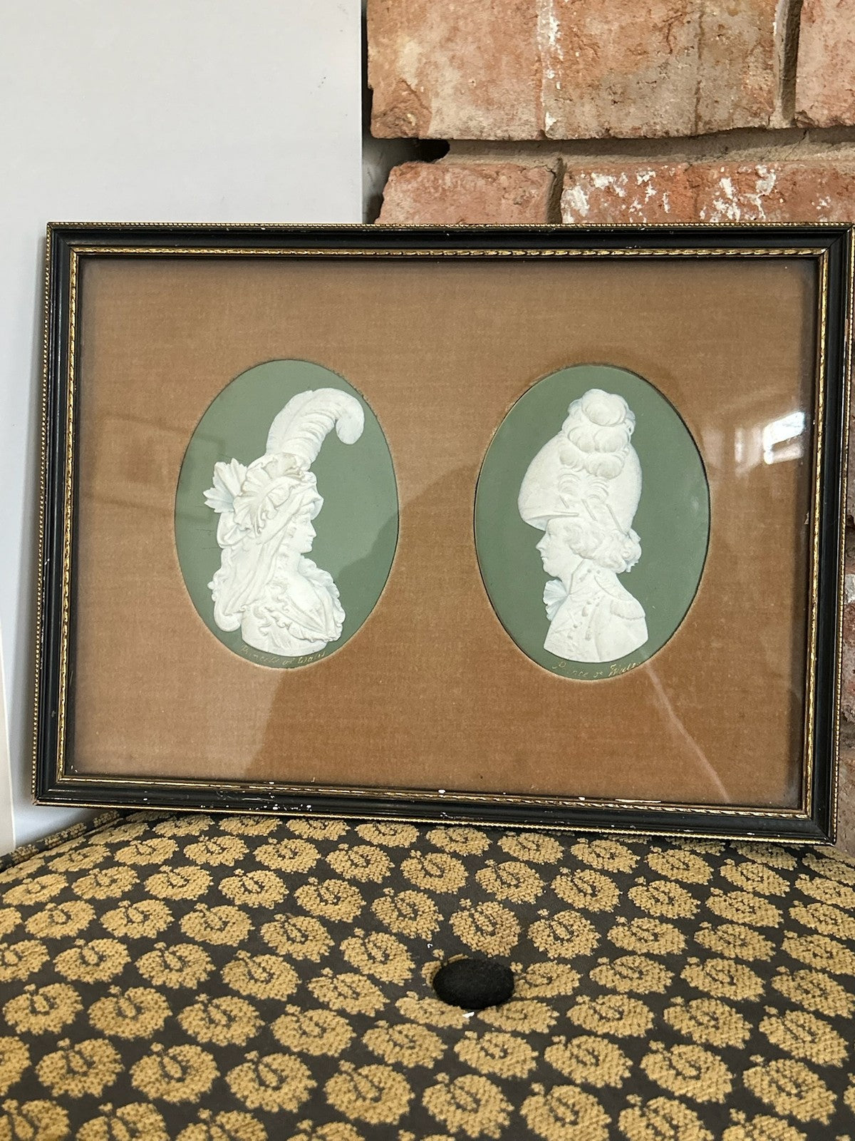 Pair Framed 18th Century Wedgwood Green Jasper Medallions Prince Princess Wales1