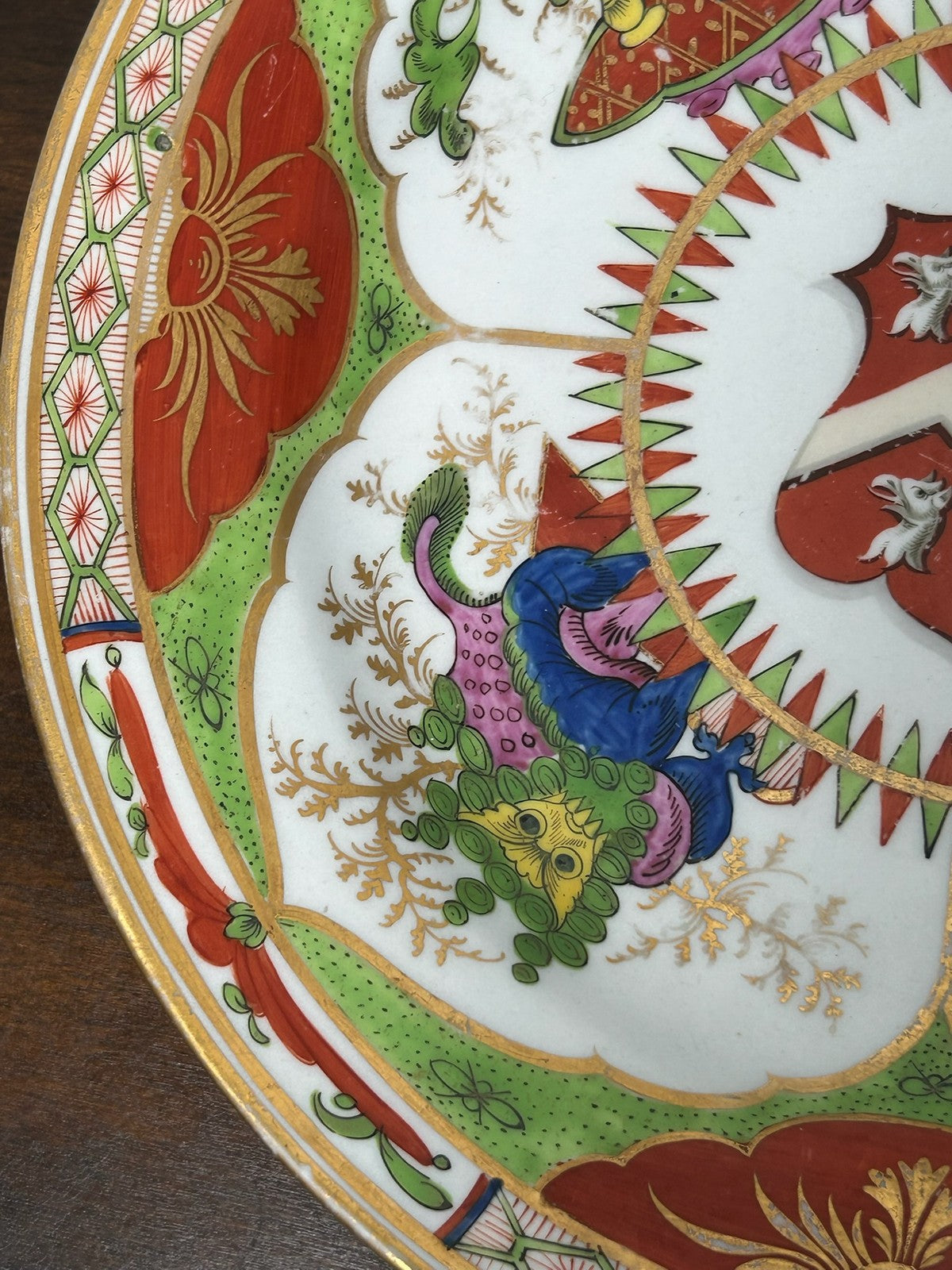 Antique Armorial Plate Heraldic Crests Dragons in Compartments Gilt 24cm2