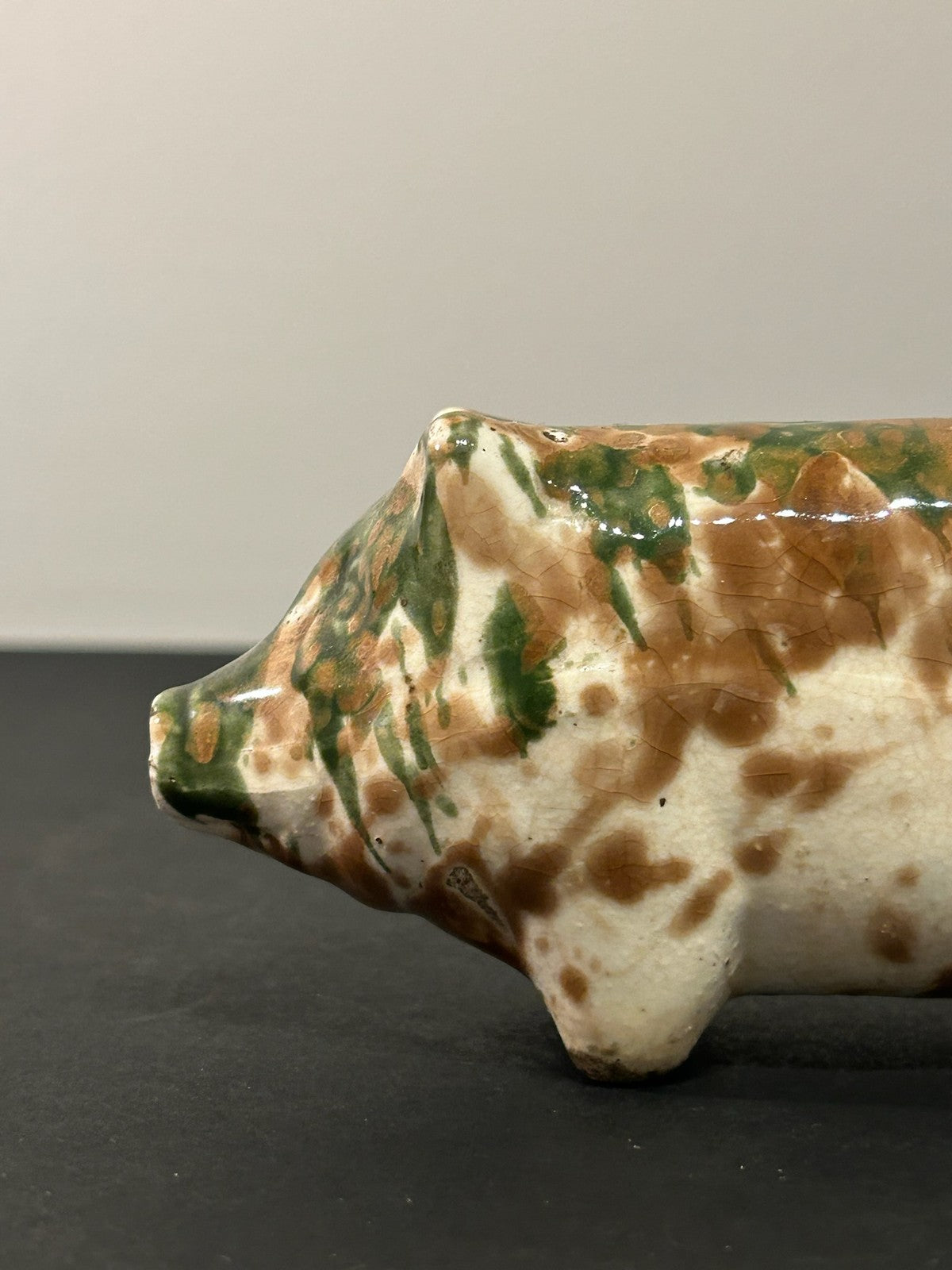 Antique 19th Century Spongeware Pottery Pig Money Box Green Brown Sponged 12cm1