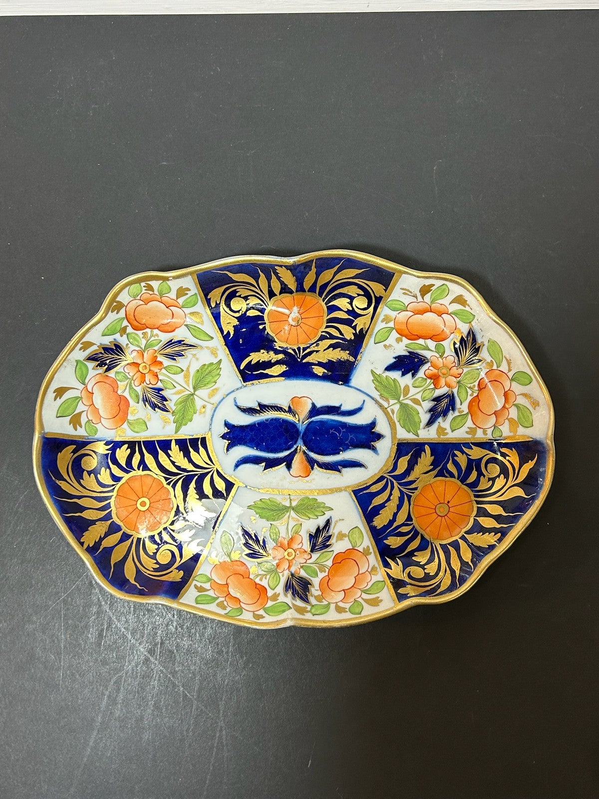 Antique English Porcelain Imari Oval Dish Old Japan Pattern Cobalt Gilt 26cm0