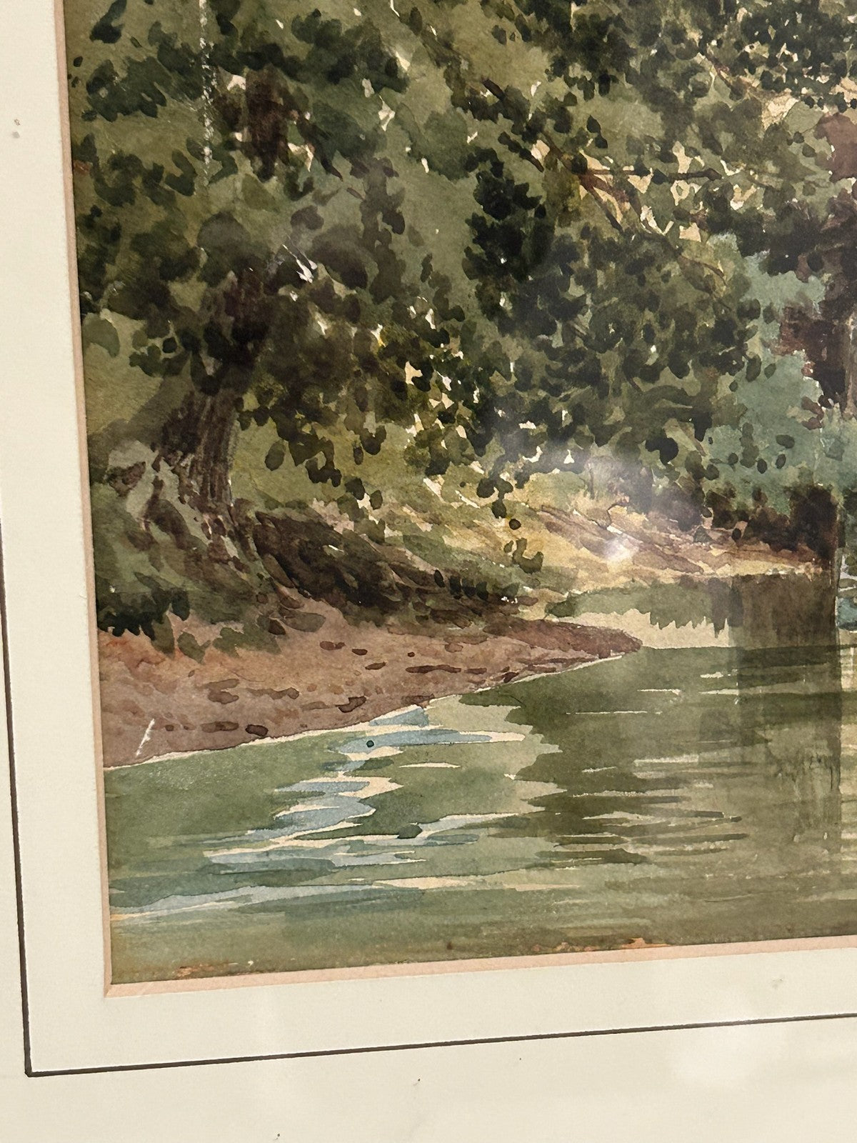 Antique Watercolour River Landscape Large Tree Figure on Bank Framed 43x50cm4