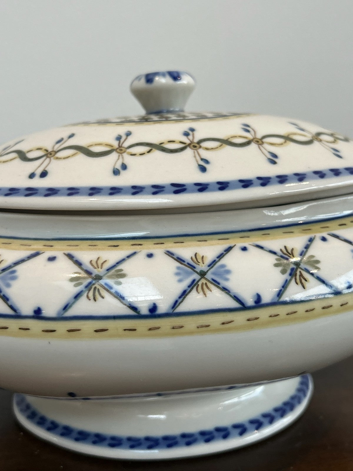 Antique Porcelain Covered Tureen Blue Yellow Neoclassical Border2
