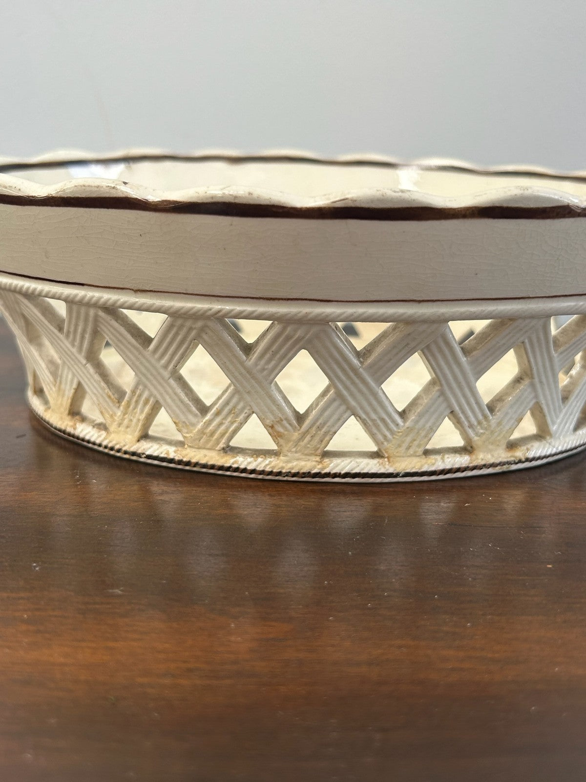 Antique Creamware Twin Handled Pierced Oval Basket A/F2