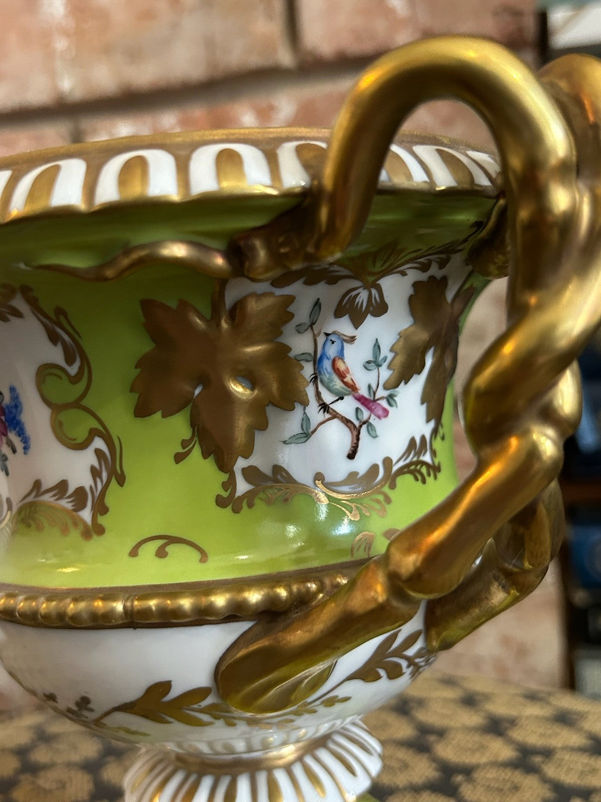 Dresden Porcelain Twin Handled Campana Urn Green Gilt Floral Reserves Plinth14