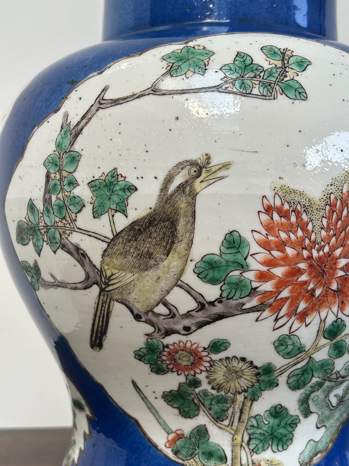 Antique Chinese Famille Verte Hand Painted Baluster Vase Birds & Peony3