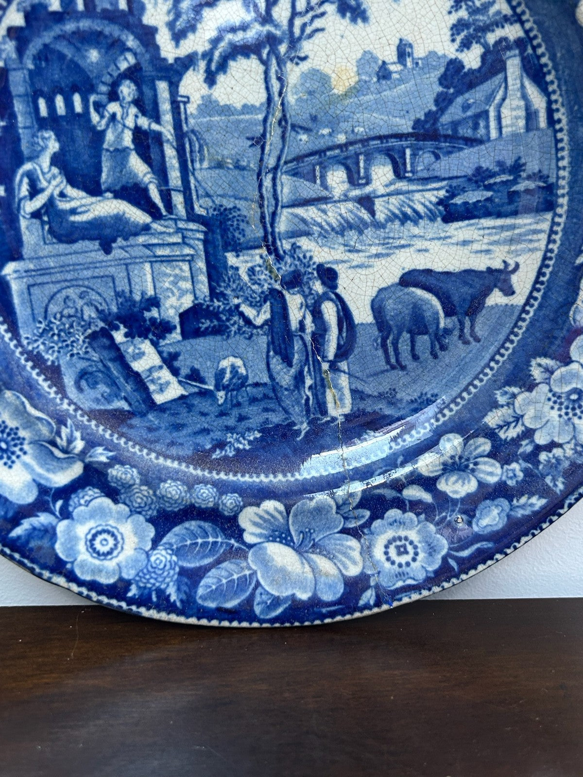 Antique Staffordshire Blue White Plate c1820 Landscape Floral Border Transfer4
