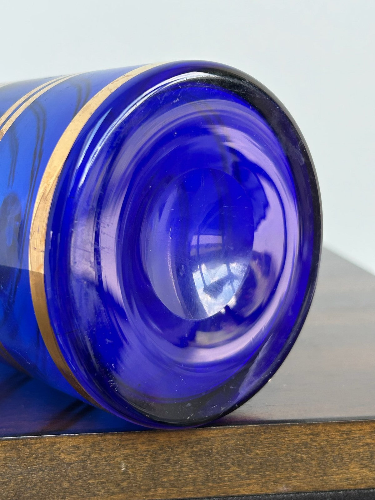 Bohemian Hand Blown Cobalt Blue Glass Jug Gilt Bands7