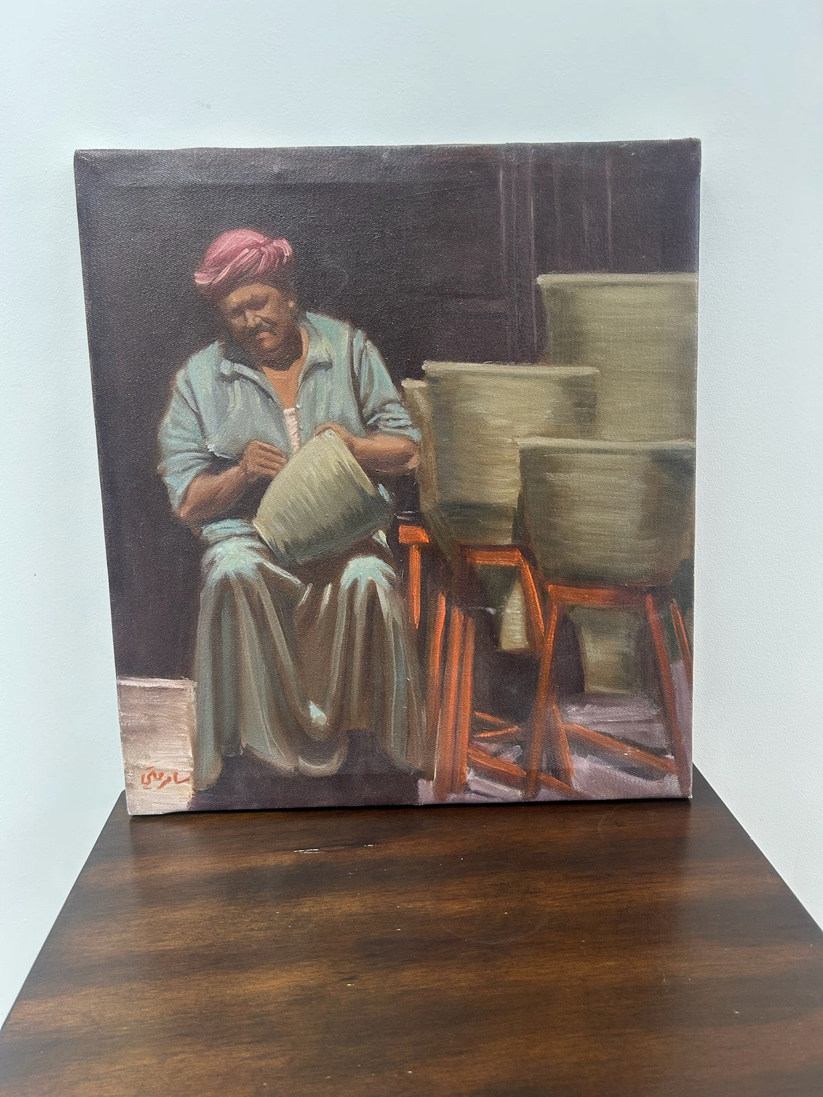 Orientalist Oil Painting Potter & Water Vessels Multi Figure Signed0