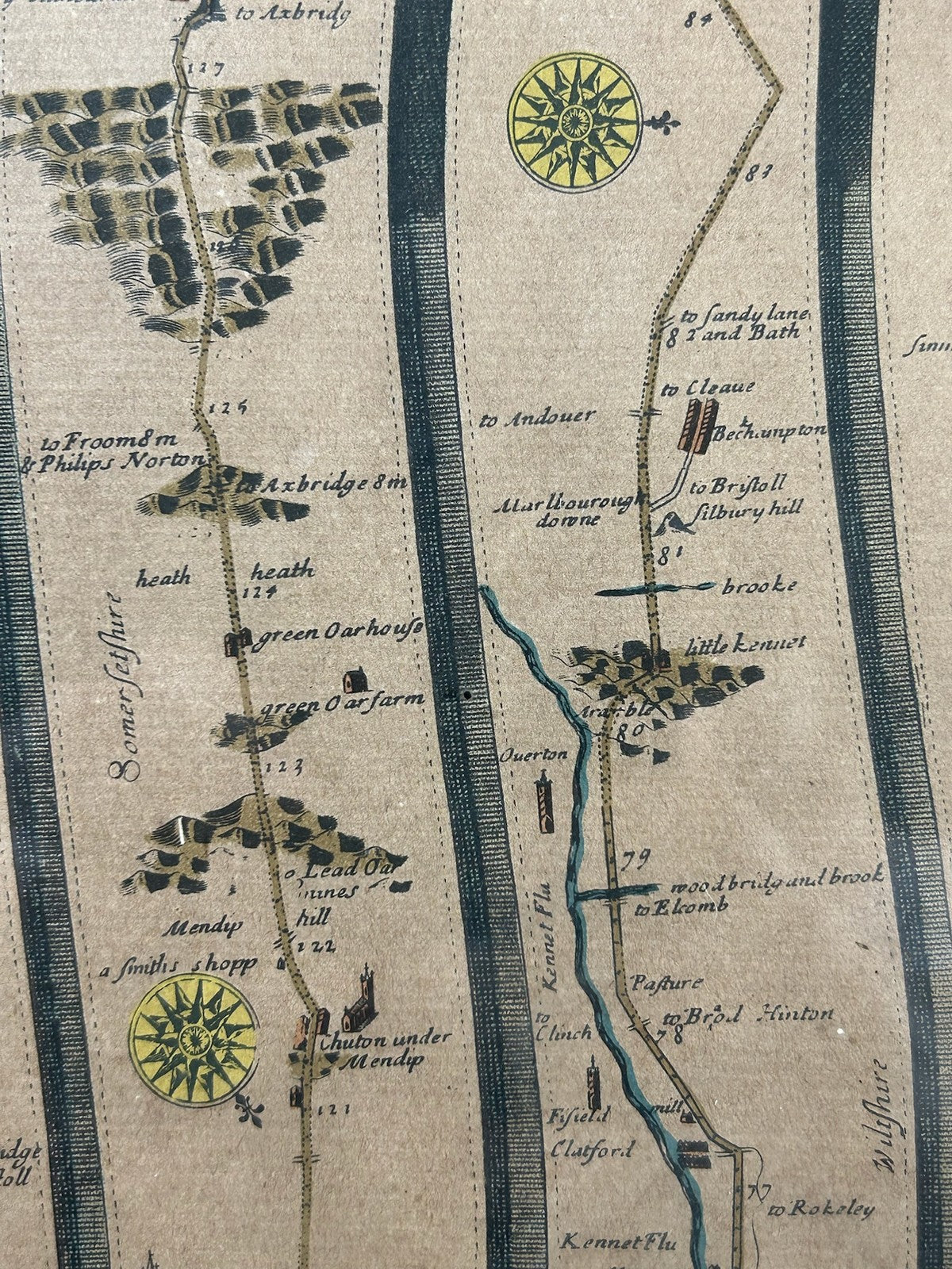 John Ogilby Road from London to Bath & Wells 17thC Strip Road Map Hand Coloured2
