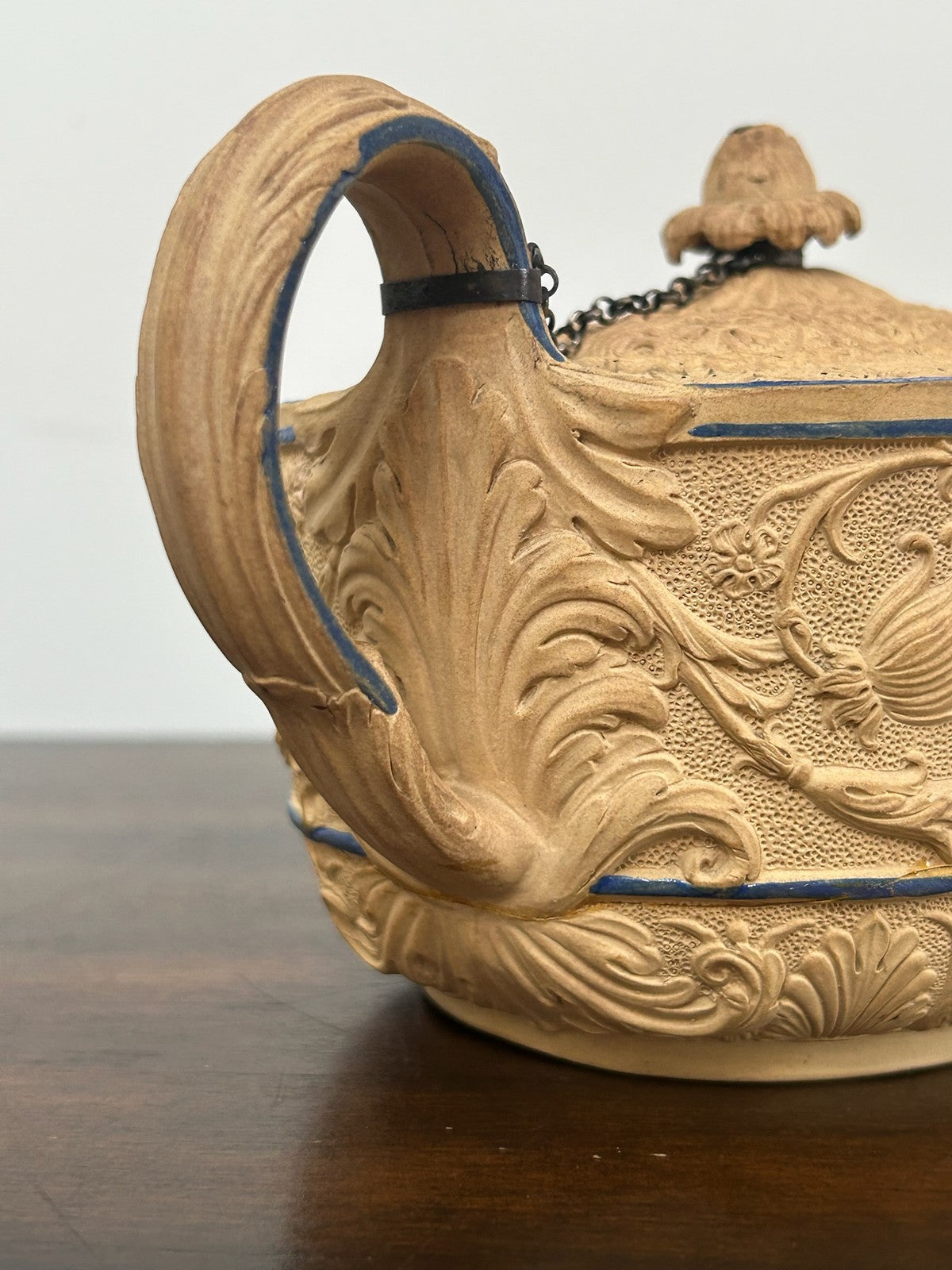 Antique Caneware Teapot Regency c1815 Relief Blue Line Silver Spout Stoneware8