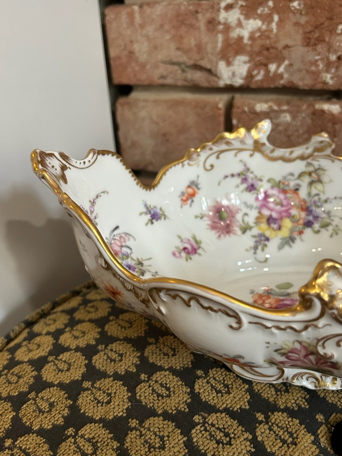 Dresden Porcelain Shaped Dish Hand Painted Flowers Gilt Scroll Rim Crown Mark2