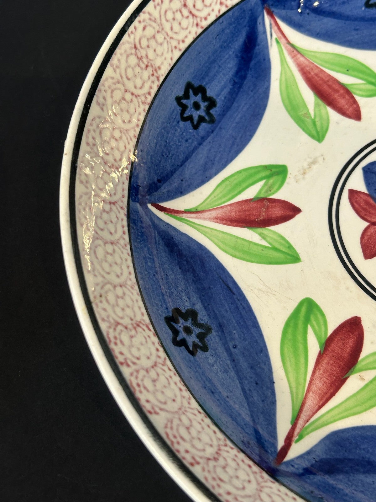 Antique 19th Century Spongeware Hand Painted Plate Blue Red Green Leaves 28cm1