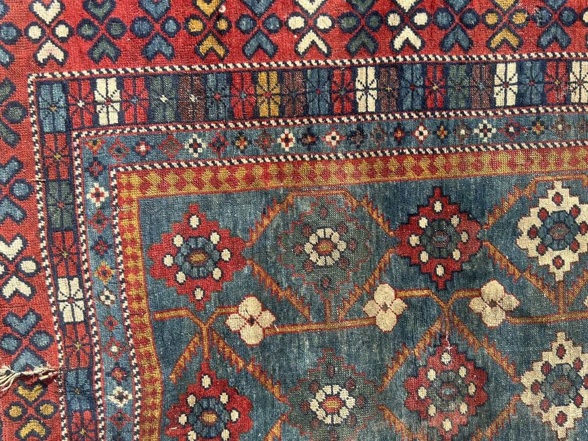 Antique Caucasian Kuba Rug c1900 Blue Lattice Chichi Hand Knotted Wool 127x155cm12