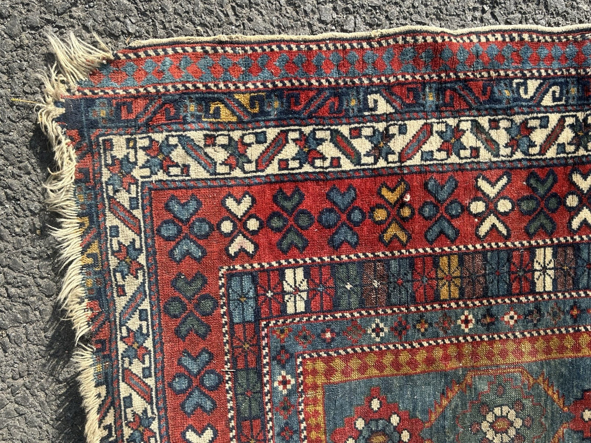 Antique Caucasian Kuba Rug c1900 Blue Lattice Chichi Hand Knotted Wool 127x155cm13