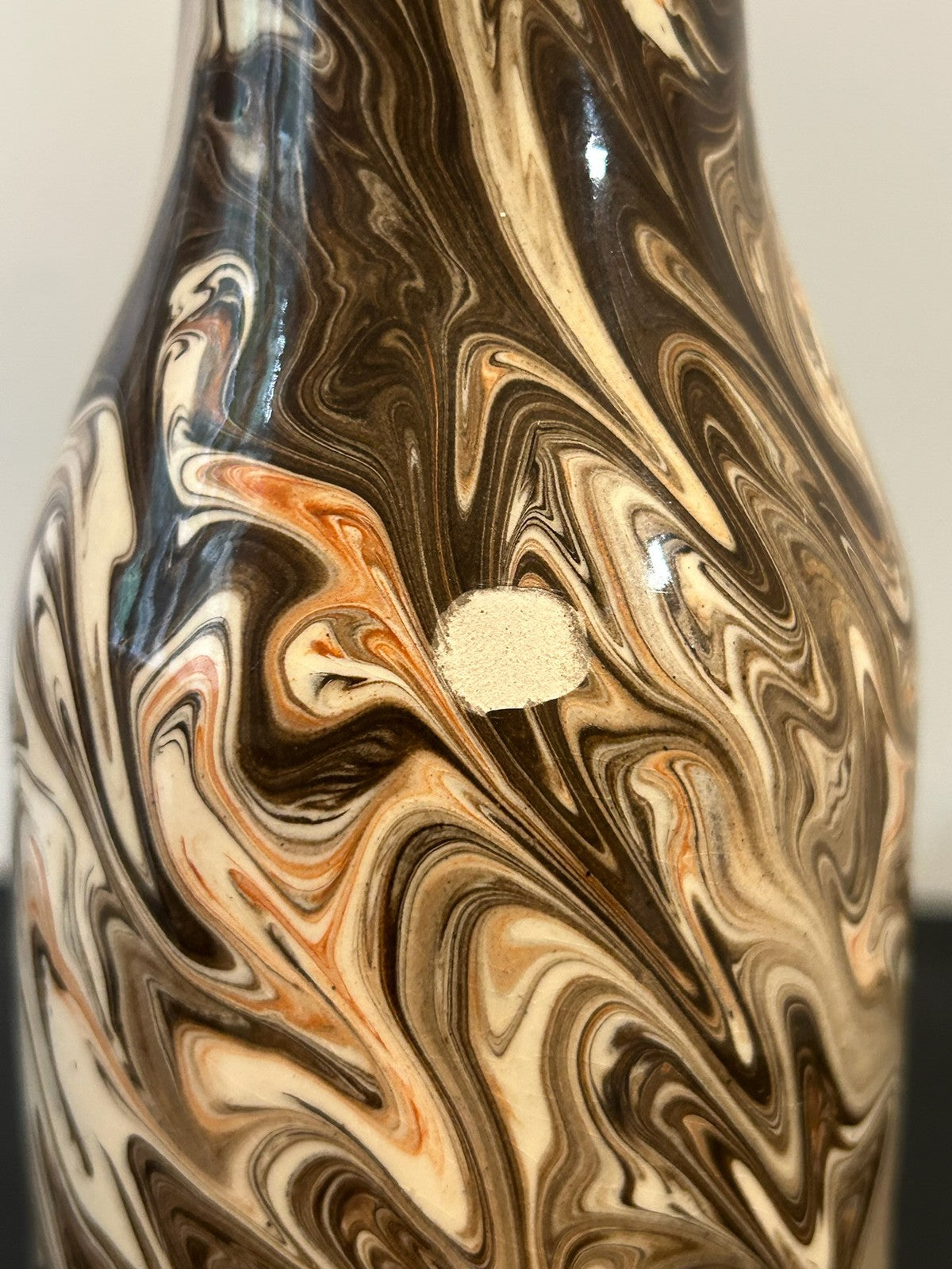 1960s Italian Marbled Agate Pottery Bottle Vase Brown Cream Swirl 28cm4