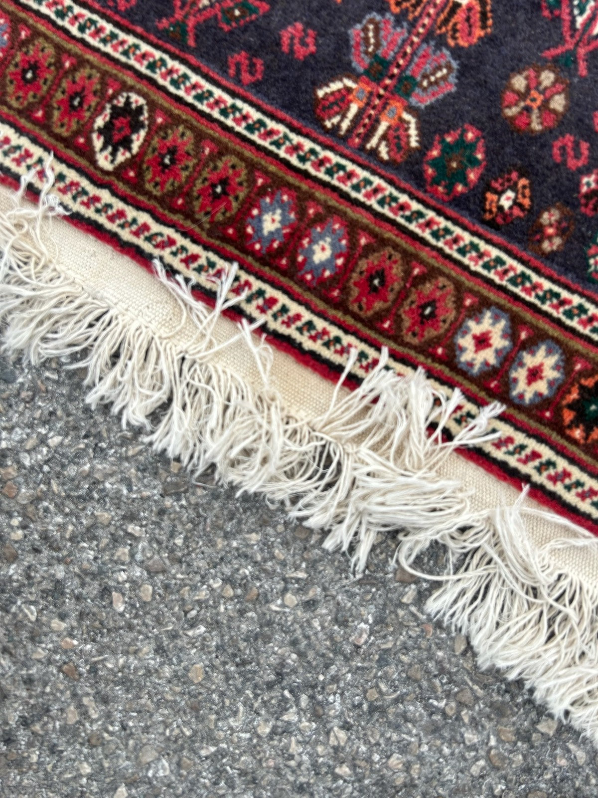 Vintage Oriental Rug Red Navy Central Medallion Floral Pattern Wool Fringed12
