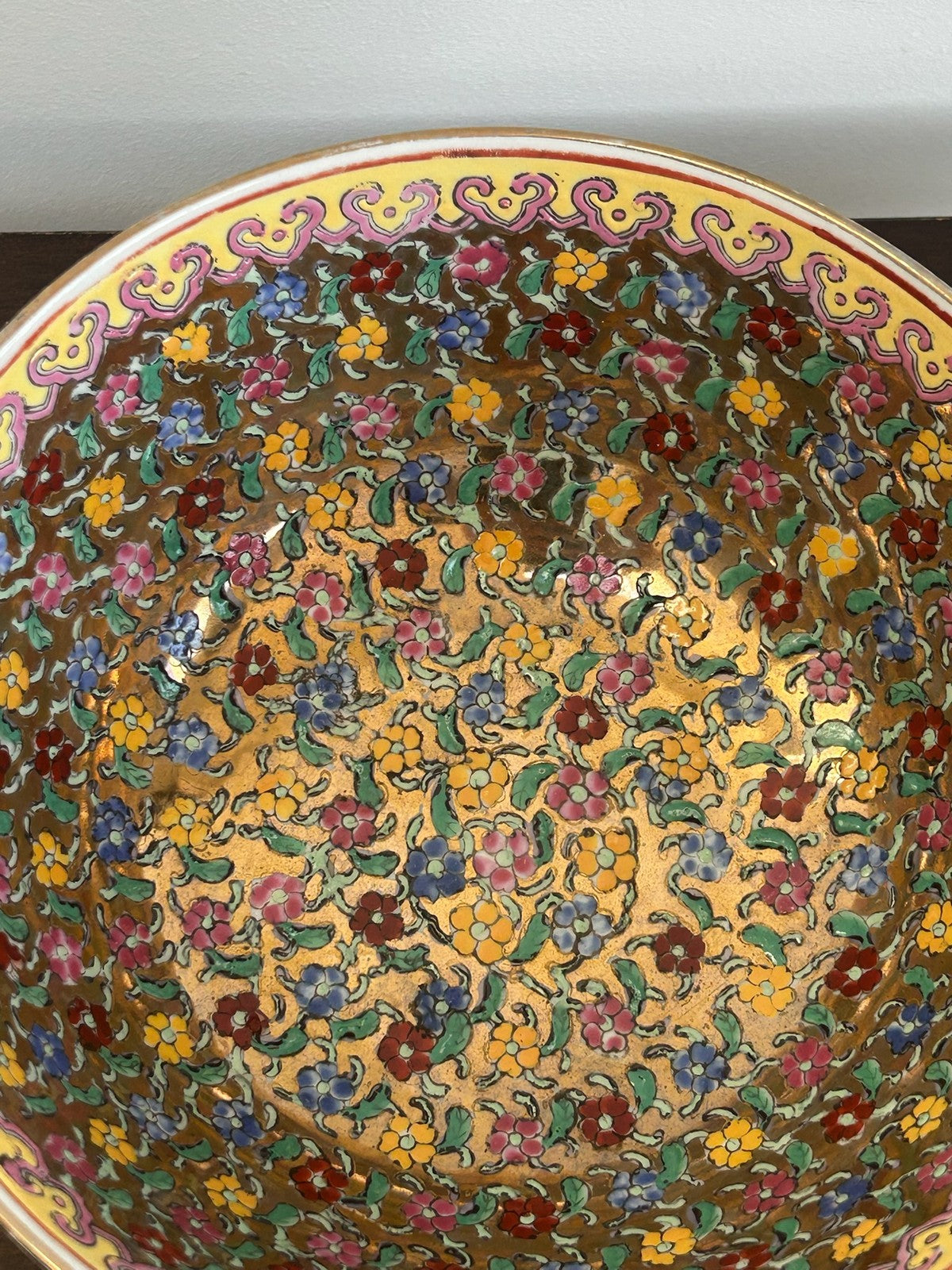 Chinese Famille Rose Footed Bowl Dense Floral Iron Red Seal 20cm3