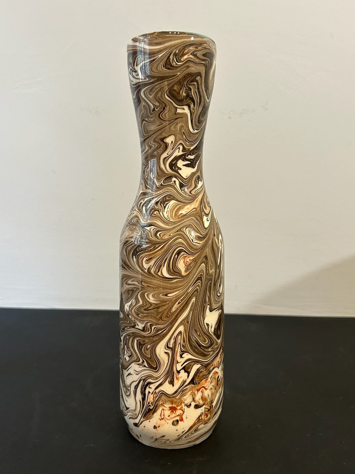 1960s Italian Marbled Agate Pottery Bottle Vase Brown Cream Swirl 28cm0