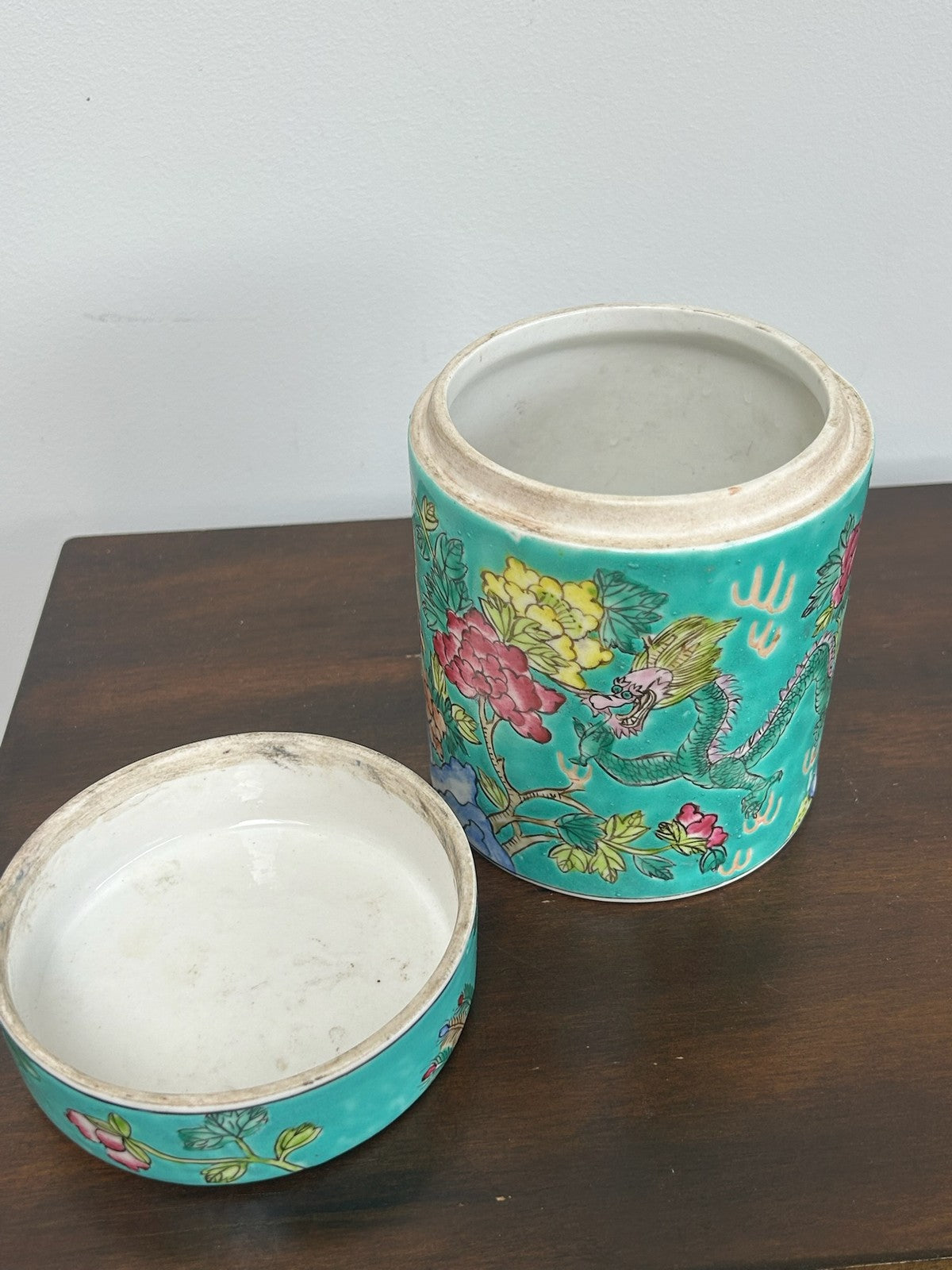 Chinese Famille Rose Green Ground Lidded Caddy Birds & Flowers 15cm7