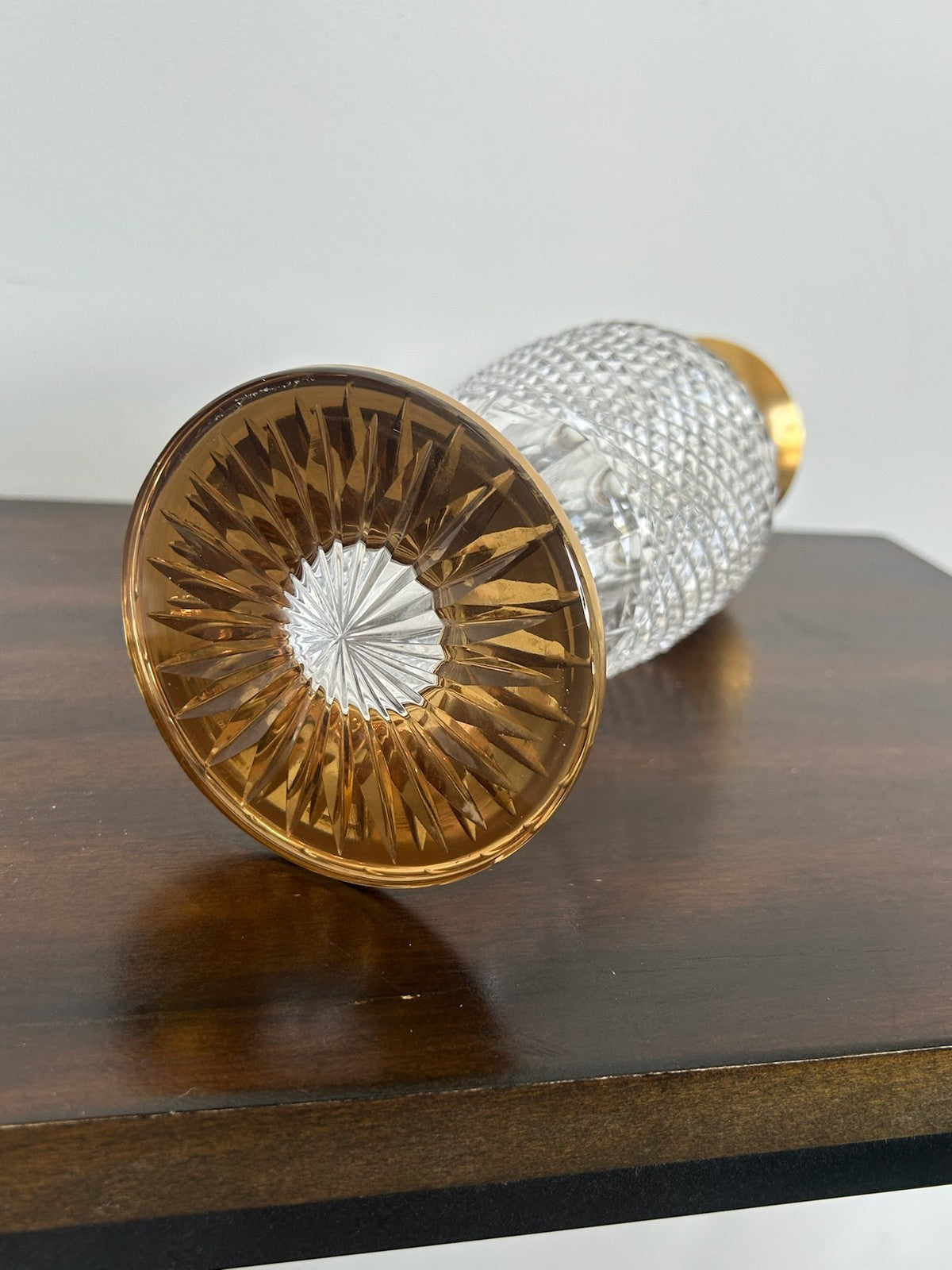Bohemian Diamond Cut Crystal Vase Gilt Mounted Rim & Foot 25cm9
