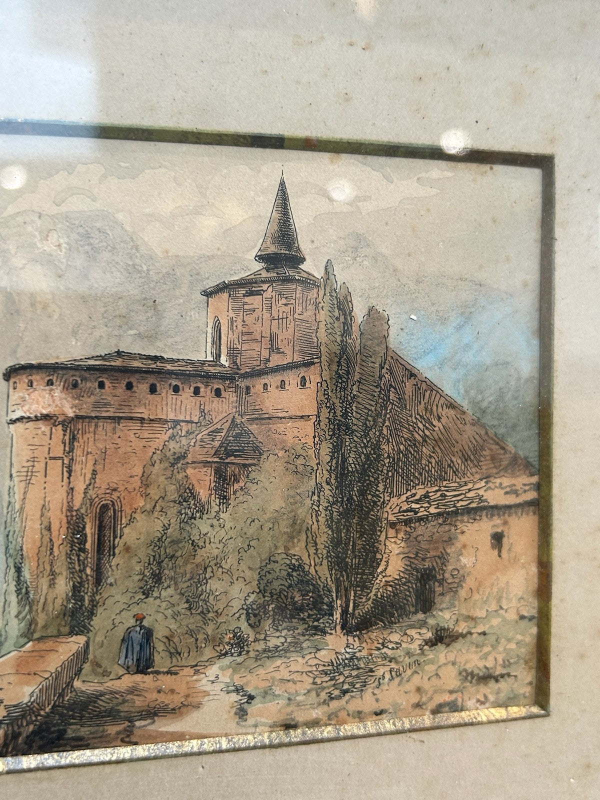 Antique Hand Coloured Engraving Saint Savin Pyrenees Gilt Frame back c.17703