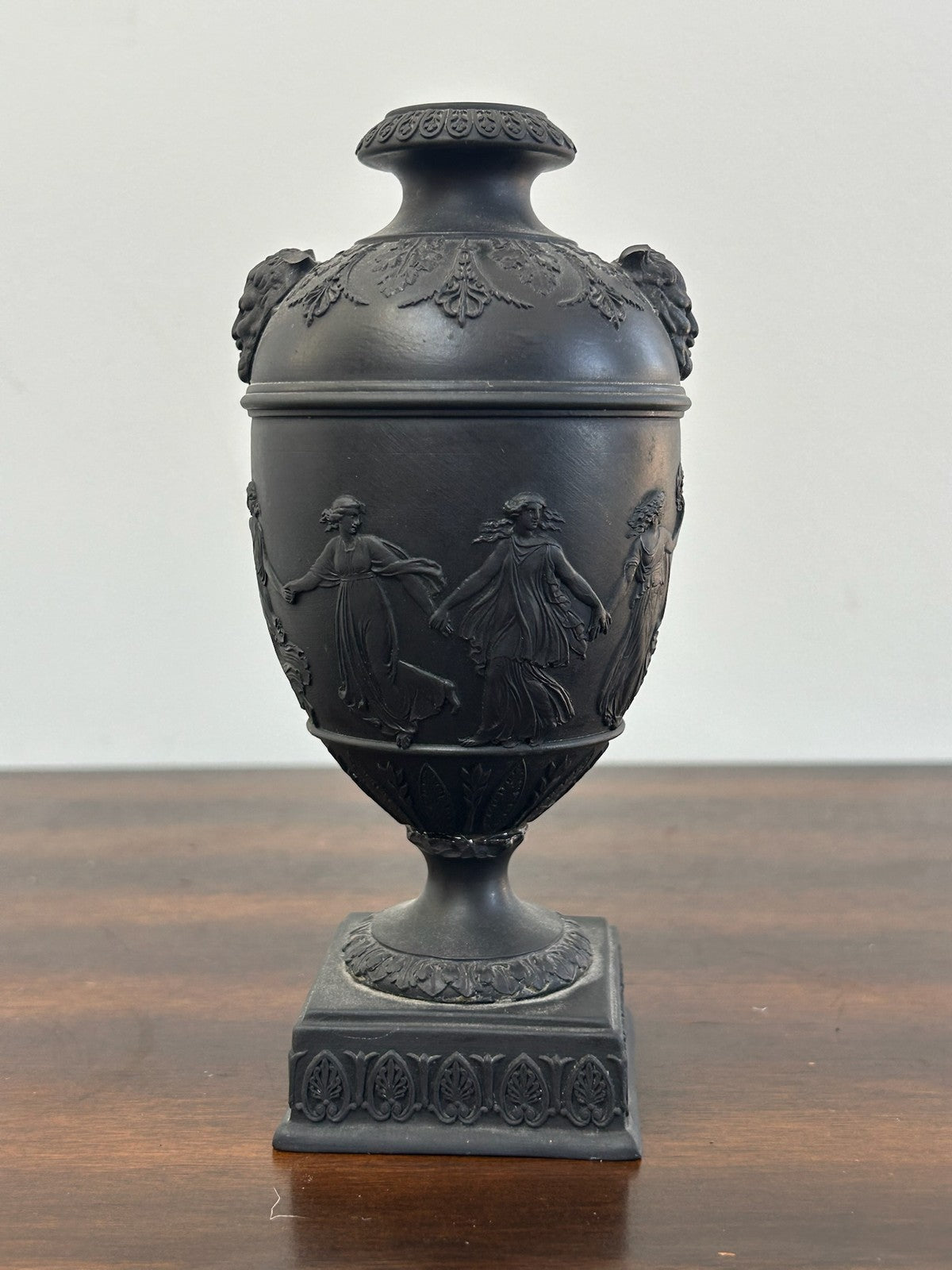 Wedgwood Black Basalt Urn Vase and Cover Square Plinth Classical Relief A/F2