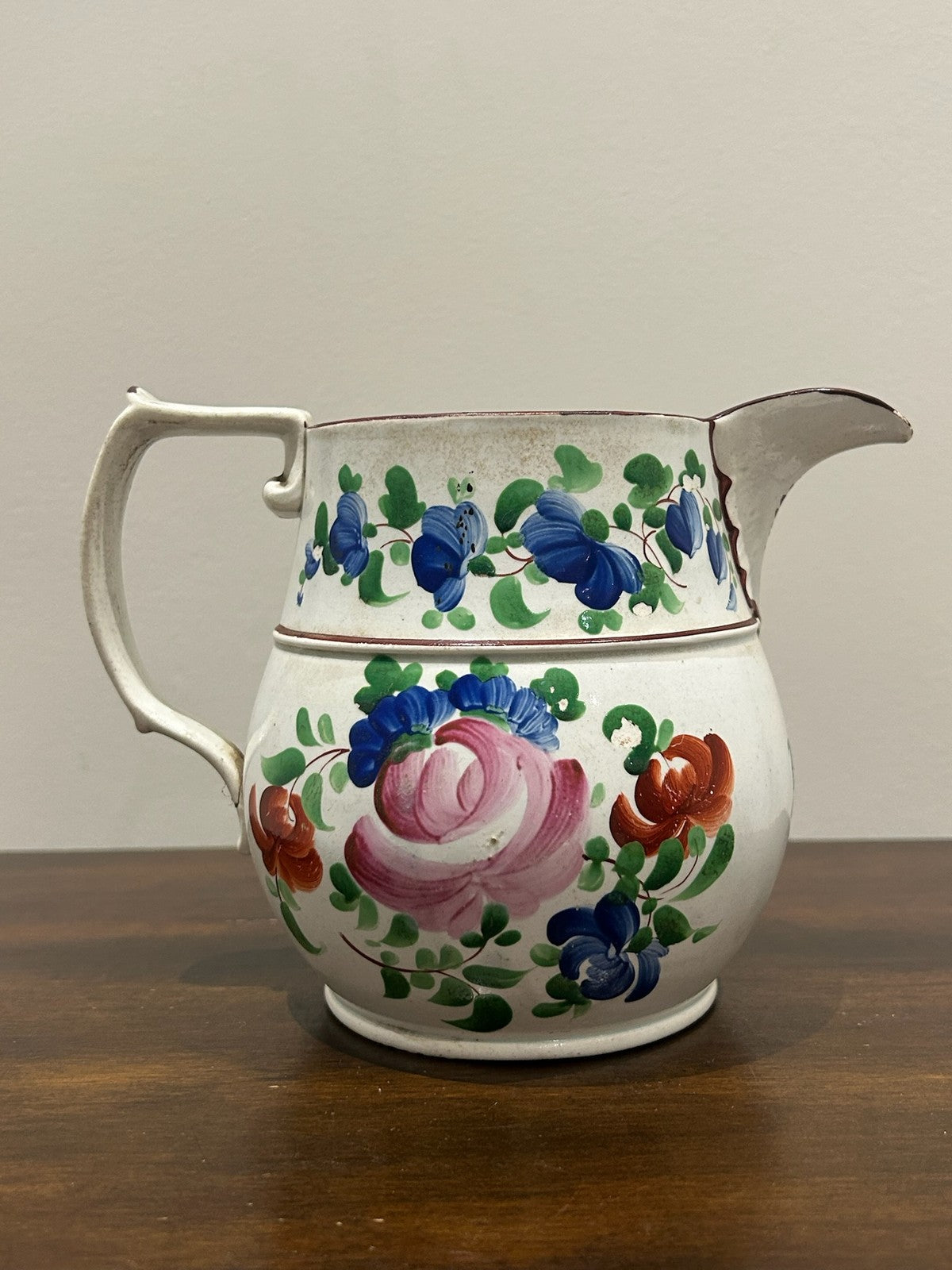 Georgian Pearlware Jug Hand Painted Enamel Pink Roses Blue Band c.18202