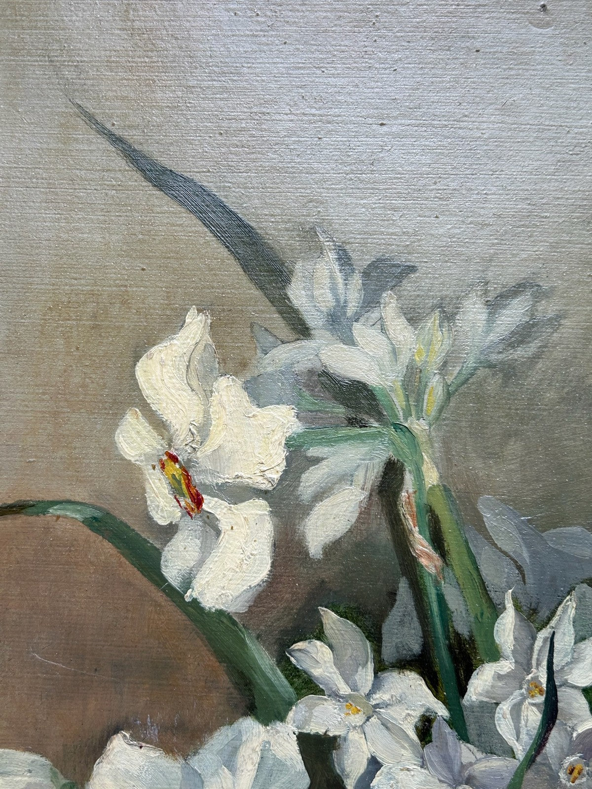 Oil on Canvas Still Life Narcissi & White Tulip Unstretched Monogram B2