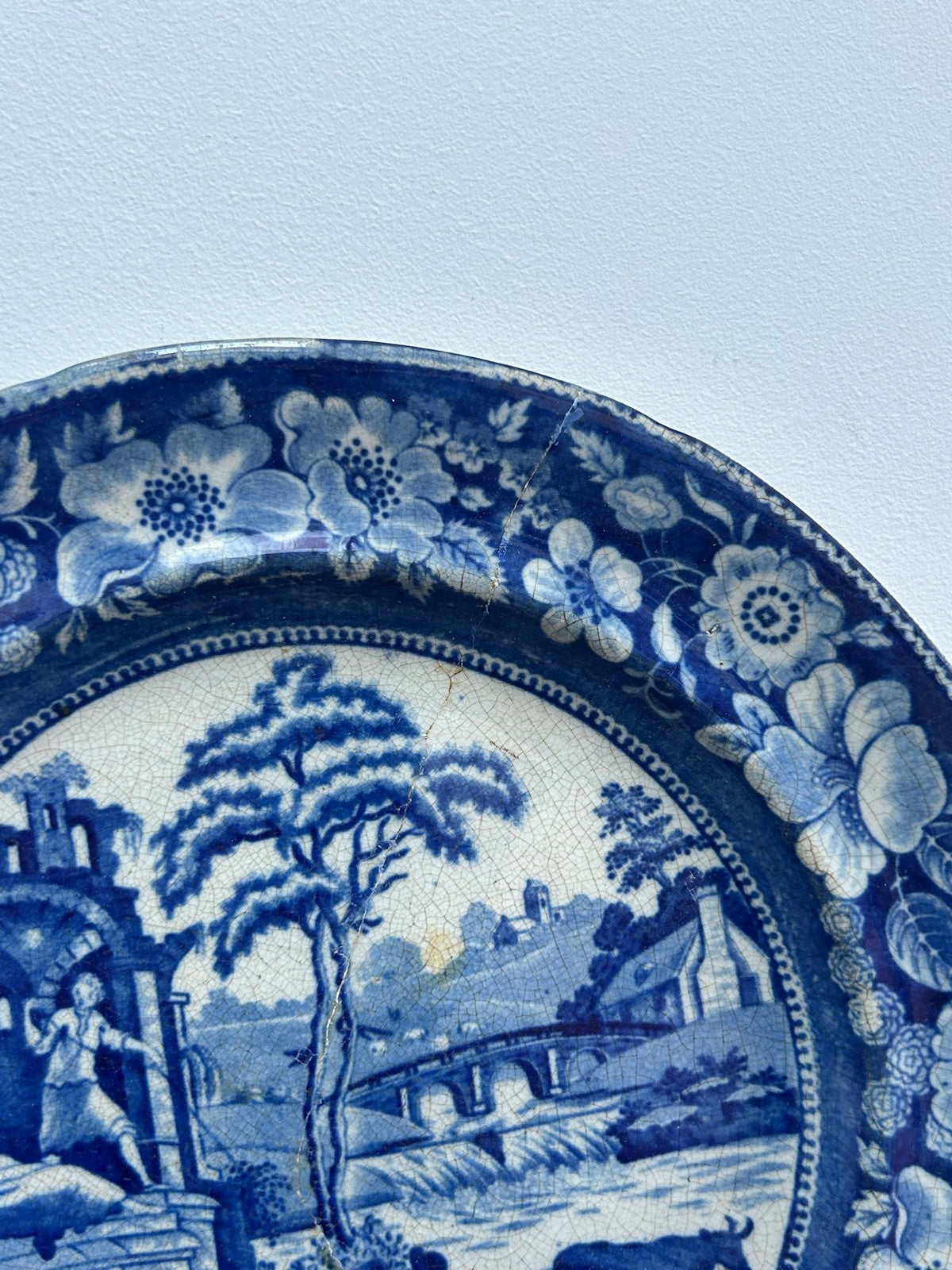 Antique Staffordshire Blue White Plate c1820 Landscape Floral Border Transfer2