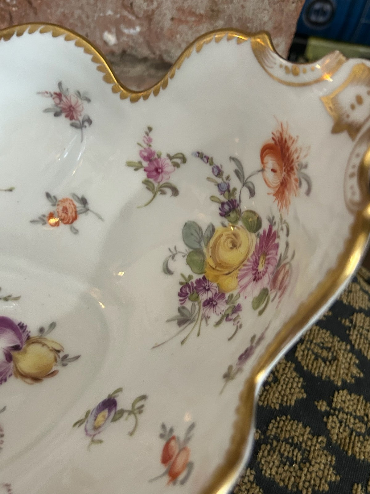 Dresden Porcelain Shaped Dish Hand Painted Flowers Gilt Scroll Rim Crown Mark15